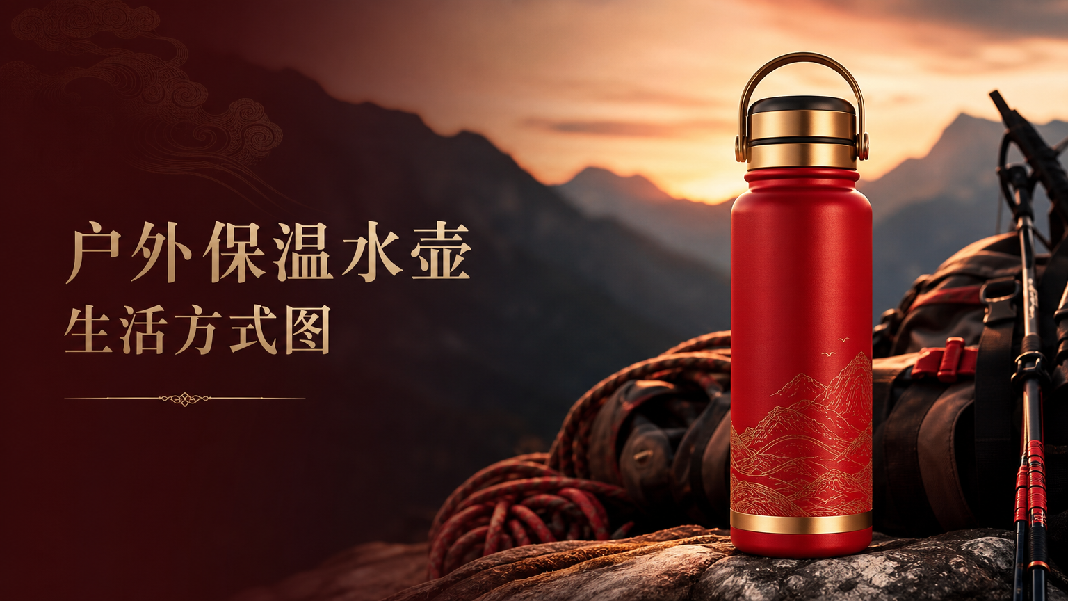 户外保温水壶生活方式图 - 电商产品图
